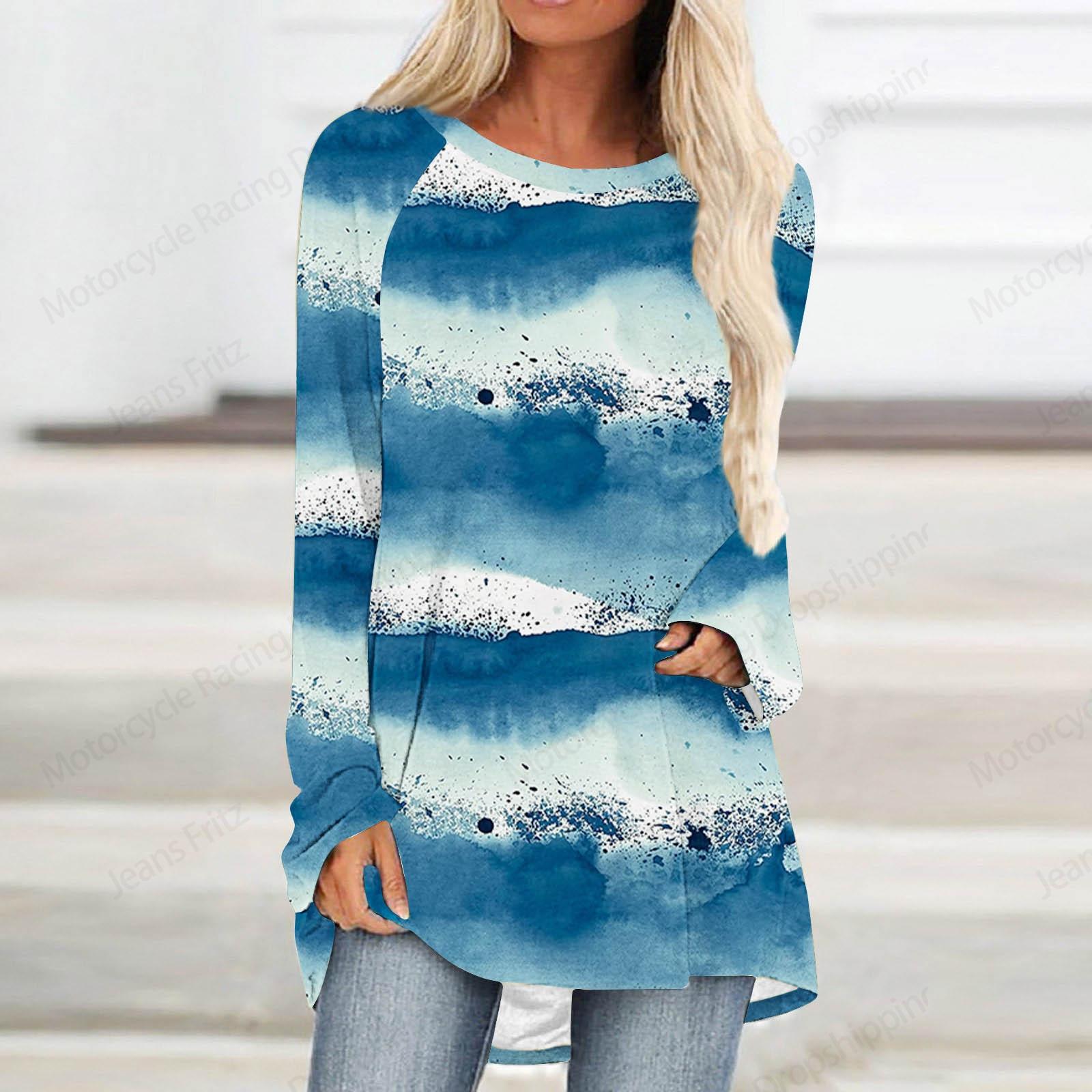 

Красный Синий Фиолетовый Звездный 3D Принт Длинный Рукав Футболка Женская Мода Круглый Вырез Длинная Туника Топы Женская Осенняя Полосатая Одежда Роскошь 8xl