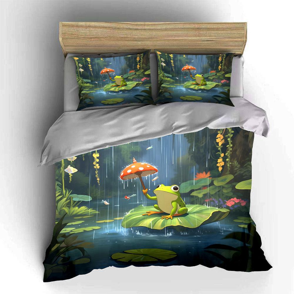 3pcs Frog on lily pad with mushroom umbrella Print Bedding Set 1 Duvet Cover 2 Pillowcases for Adult and Children Luxury Gift