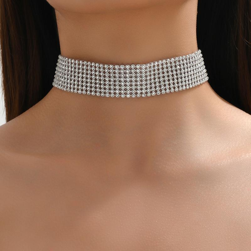 Funkelnde Silberfarbe Kristall Halsband Choker Halsketten für Damen Braut Goth Strass Schlüsselbein Kette Halskette Eleganter Schmuck