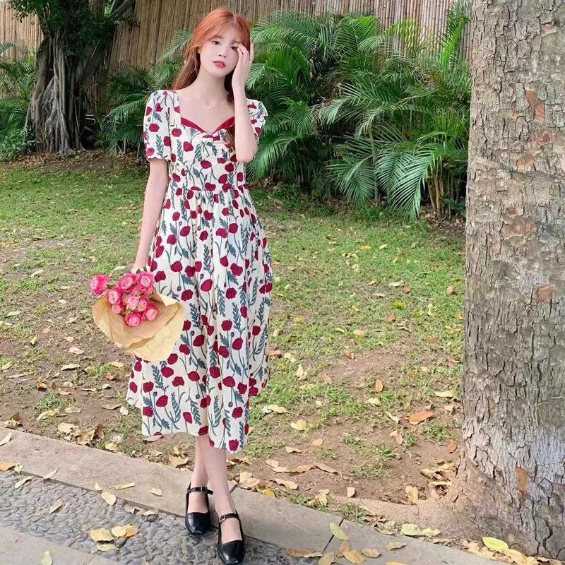 

Французское ретро платье с коротким рукавом большого размера, длинная юбка, богиня, летний новый стиль, соленое, сладкое, для чаепития, розовое, цветочное XXL