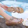 In The Summer of 2026, The New Thick-soled Versatile Beach Sandals Women's Shoes Are Fashionable Color-matching Rhinestone Padded Wedges.