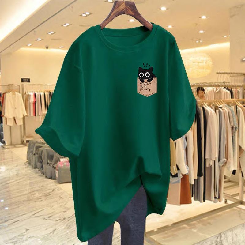 

Женская летняя футболка из плотного хлопка свободного кроя с принтом - с коротким рукавом, круглый вырез Extra Extra Large