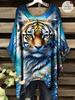 Summer Large Size Starry Sky Flower Sea Tiger King Pattern Printed Bat Sleeve Crew Neck T-Shirt