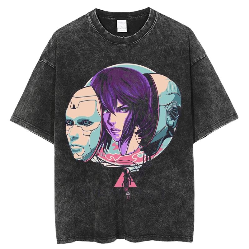 Modisches Ghost in the Shell Anime-T-Shirt mit verwaschenem O-Ausschnitt und kurzen Ärmeln für Damen, Schwarz, übergroß, lässig, Hip-Hop-Top
