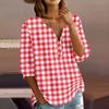 Women’s Casual Plaid Print Henley Shirt Cotton Linen Three Quarter Sleeve V Neck Button Front Loose Fit Top