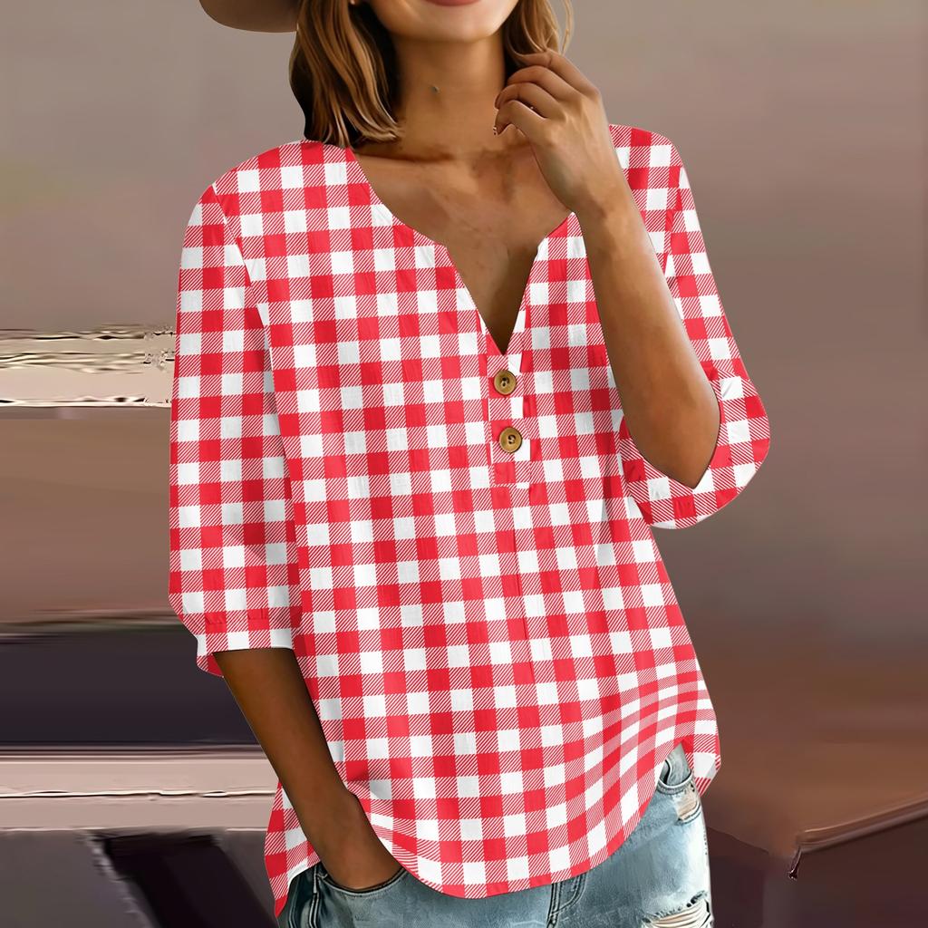 Women’s Casual Plaid Print Henley Shirt Cotton Linen Three Quarter Sleeve V Neck Button Front Loose Fit Top