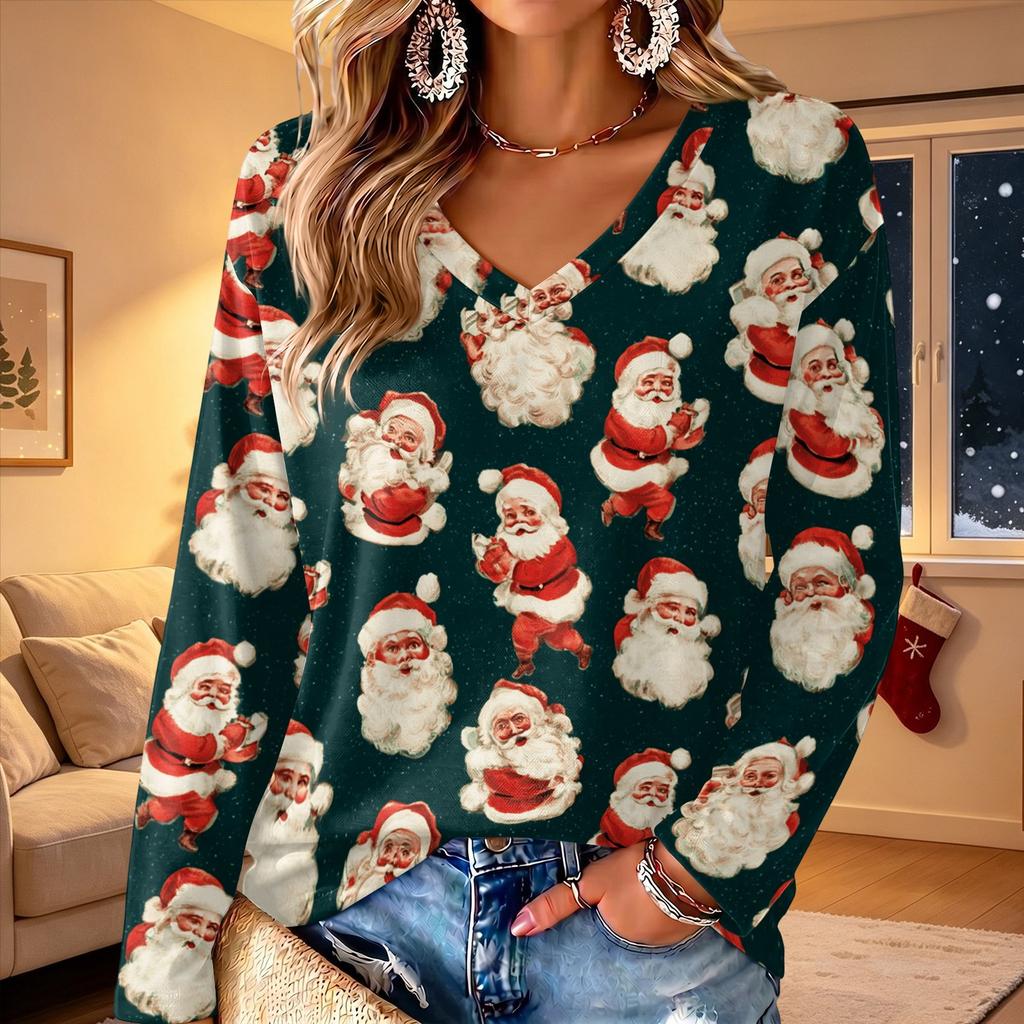 Women's V-Neck Long Sleeve Christmas Print Lightweight Blouse for Spring Summer