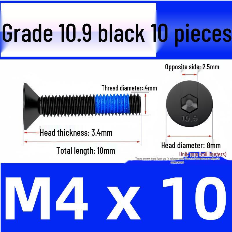 Black Anti-Slip Flat Cup Screw with Adhesive Blue Glue, Countersunk Hexagon Socket, Available in M2-M8 Sizes