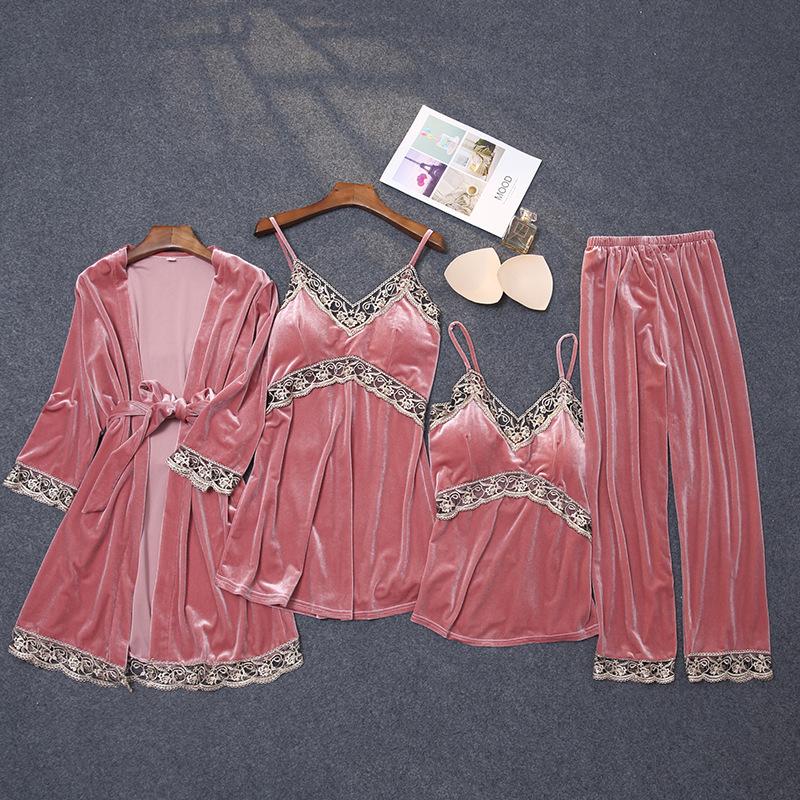 4 Pieces Lace Velvet Pajamas Sets Women Warm Pyjamas Sleepwear Robe Pants Winter Pijamas Bathrobe Sexy Lingerie Autumn Pyjamas