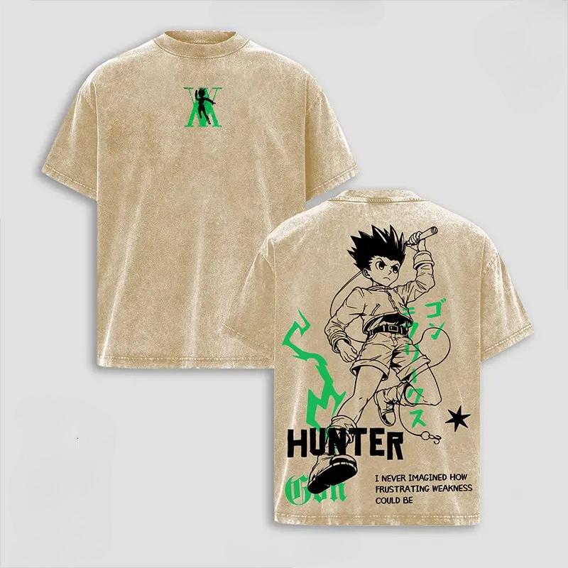 Hot Anime Hunter X Hunter Gon Freecss Print T-shirt Men Short Sleeve Clothing Cotton Tshirt Retro Washed T Shirt Male Manga Tops