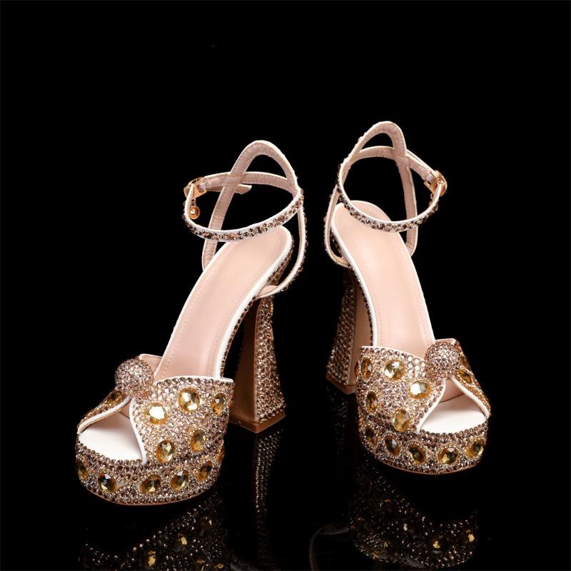 Fashion 14CM Style Rhinestone Sequined Peep Toe Women Gladiator Sandals Summer Elegant High Heels Crystal Wedding Banquet Bridal Shoes