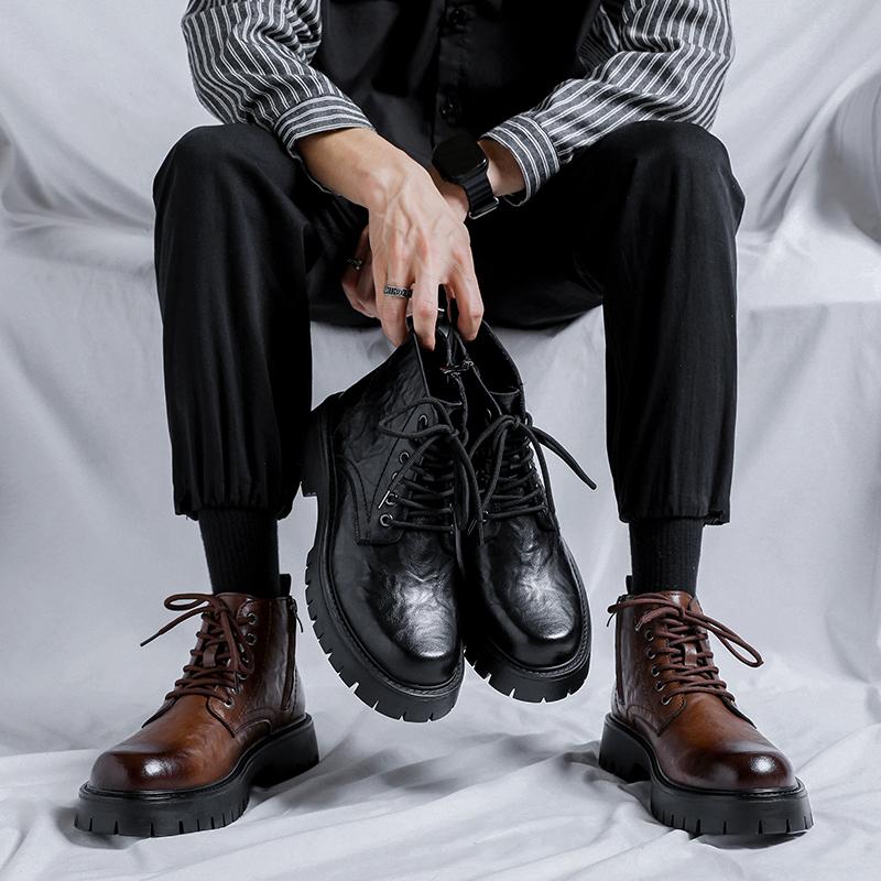 Brand Outdoors Men's High-quality Leather Glossy Comfortable Thick Soled Shoe Men Retro Casual Side Zipper Lace Up Boots