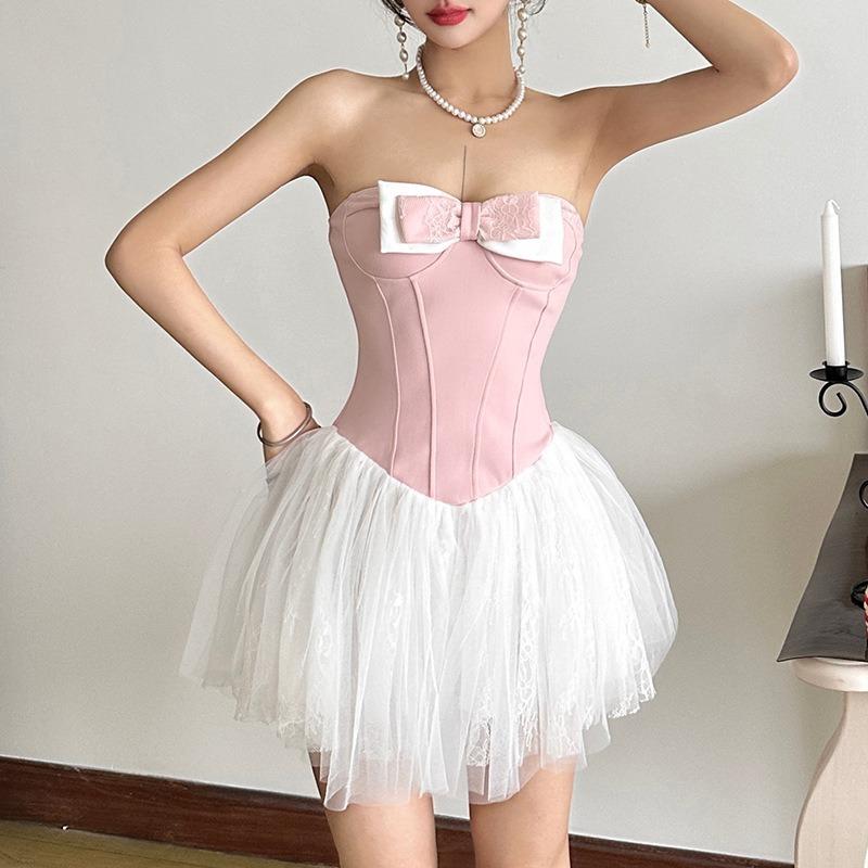 Women's Fashion Sexy Spice Girls with Chest Contrast Color Bow Waist Dress