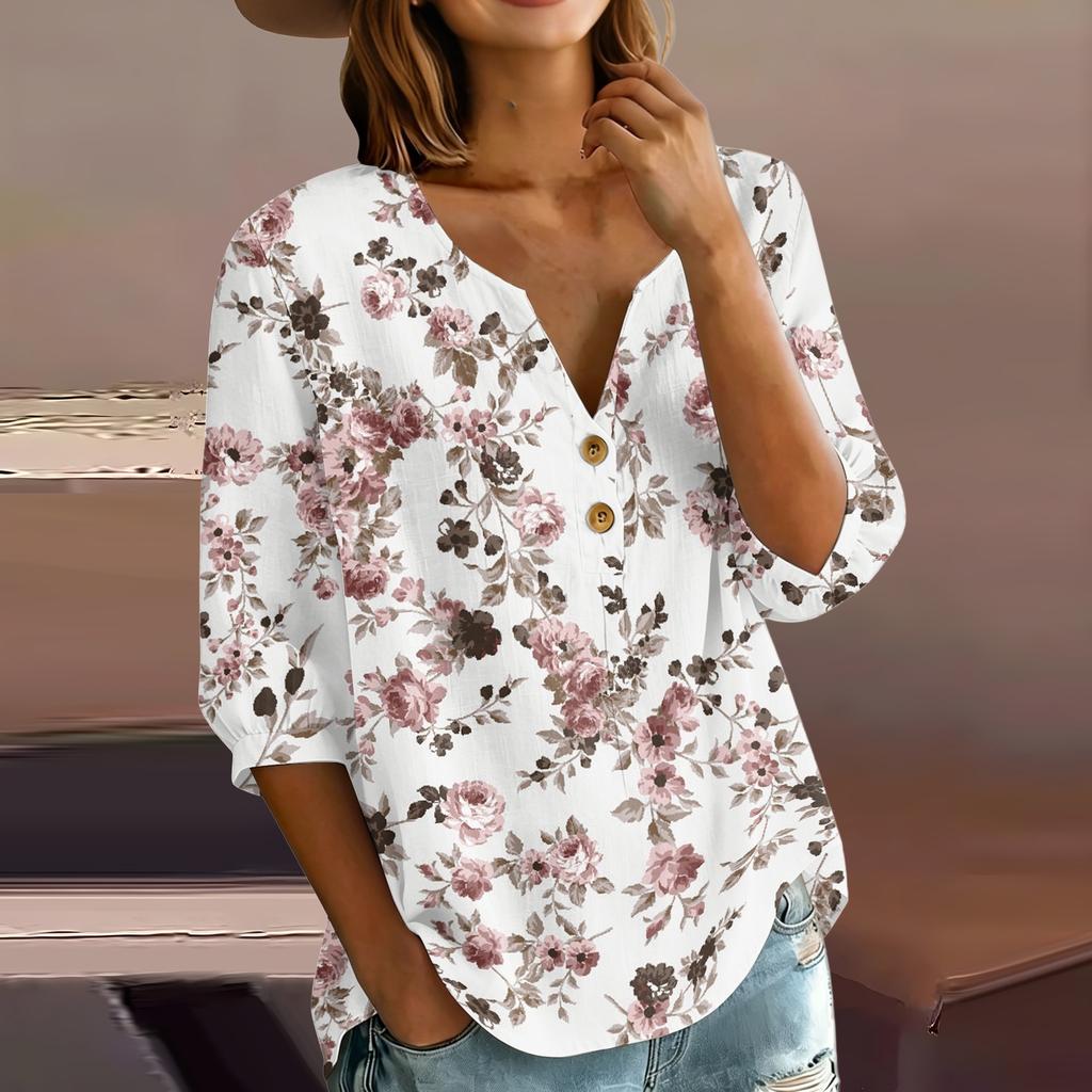 Women’s Floral Print Henley Neck Button Front Cotton Linen Blouse with Chest Pocket and Three Quarter Sleeves for Casual Wear