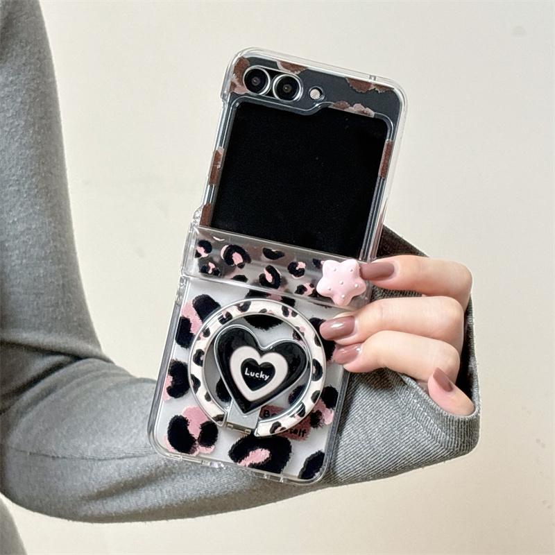 Fashion Pink Black Leopard Print Magnetic Phone Case For Samsung Galaxy Z Flip 7 6 5 ZFlip6  Cover with Stand Lanyard For Magsaf