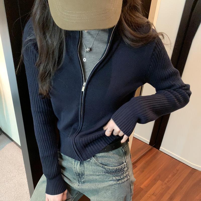 

Простой вязаный кардиган с высоким воротником для женщин, осень и зима, новый модный универсальный тонкий свитер на молнии S
