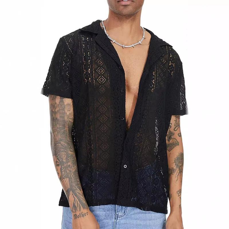 Summer Fashion New Men's Lace Short Sleeve Shirt Casual Hollow versatile Top
