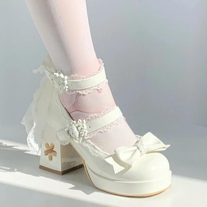 Lovely Girls Lolita Butterfly Knot High Heels Platform Shoes ,Young Women Students Cute Sakura Wedding Dress Mary Janes
