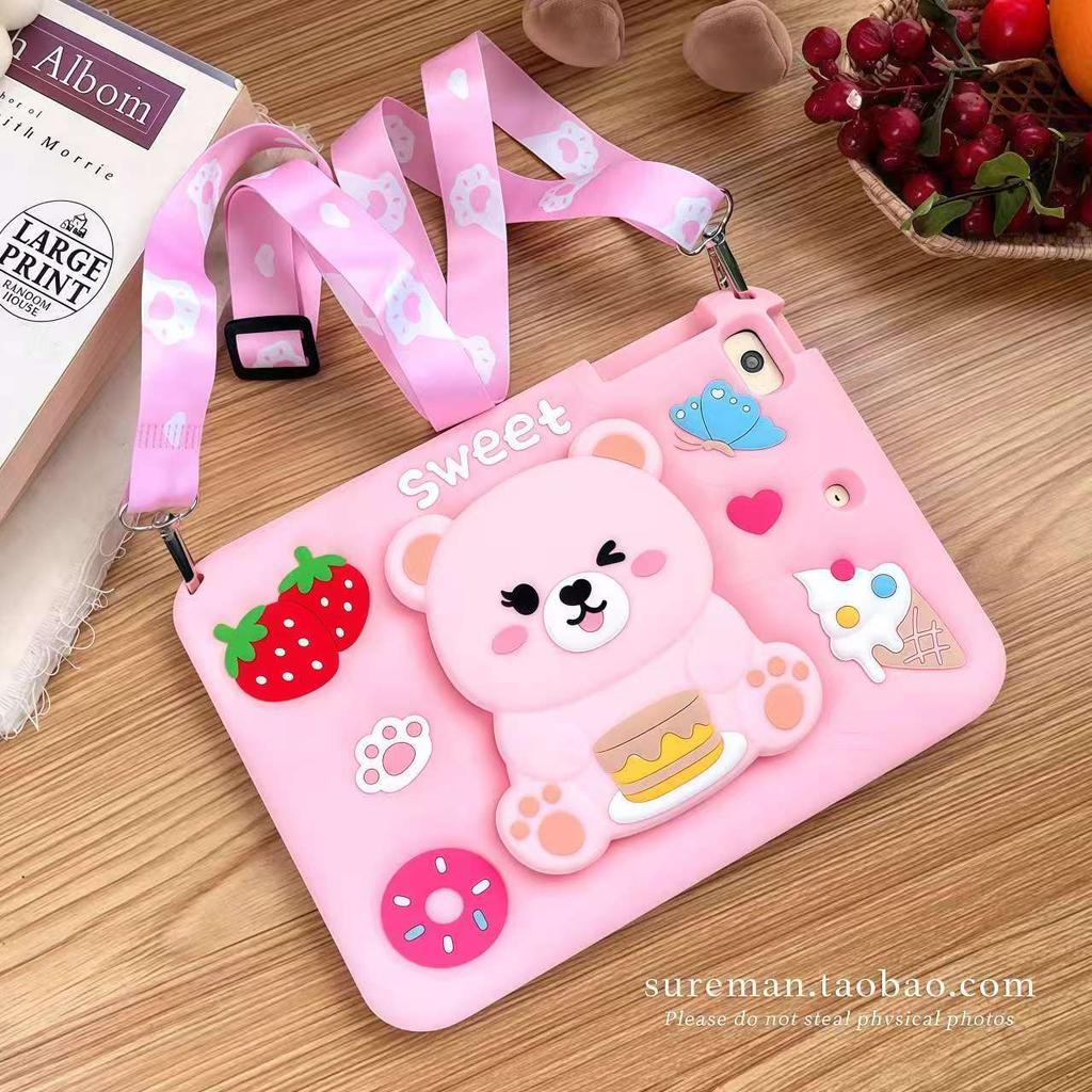 Cute Strawberry Bear Case for iPad Applicable to Samsung tablet and Redmi pad 2 SE 9.7 8.7 11" silicone case with pen slot Cute girl Kids tablet case