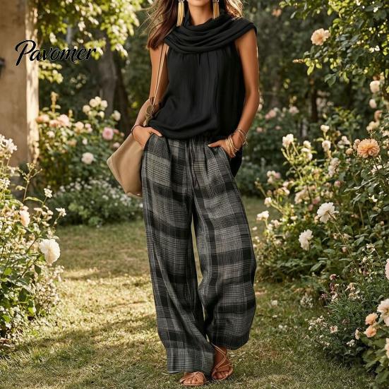 Casual Sleeveless Top Women Pants 2-Piece Set, Summer Ruffle Mock Neck Vacation Wear & Plaid Wide Leg Pants, Vintage Loose Outfit Set Relaxed