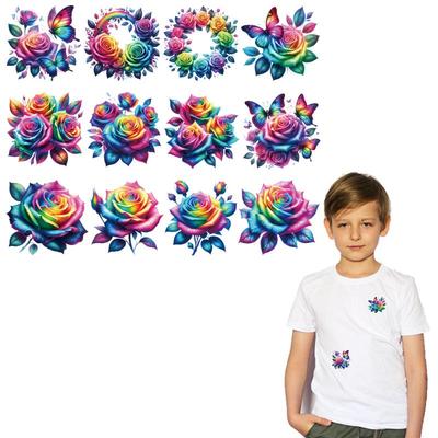 12Pcs/Sheet Flower Applique Patches T-Shirt Heat Transfer Designs Diy Clothes Stickers Heat Press Appliqued Iron-On Patch