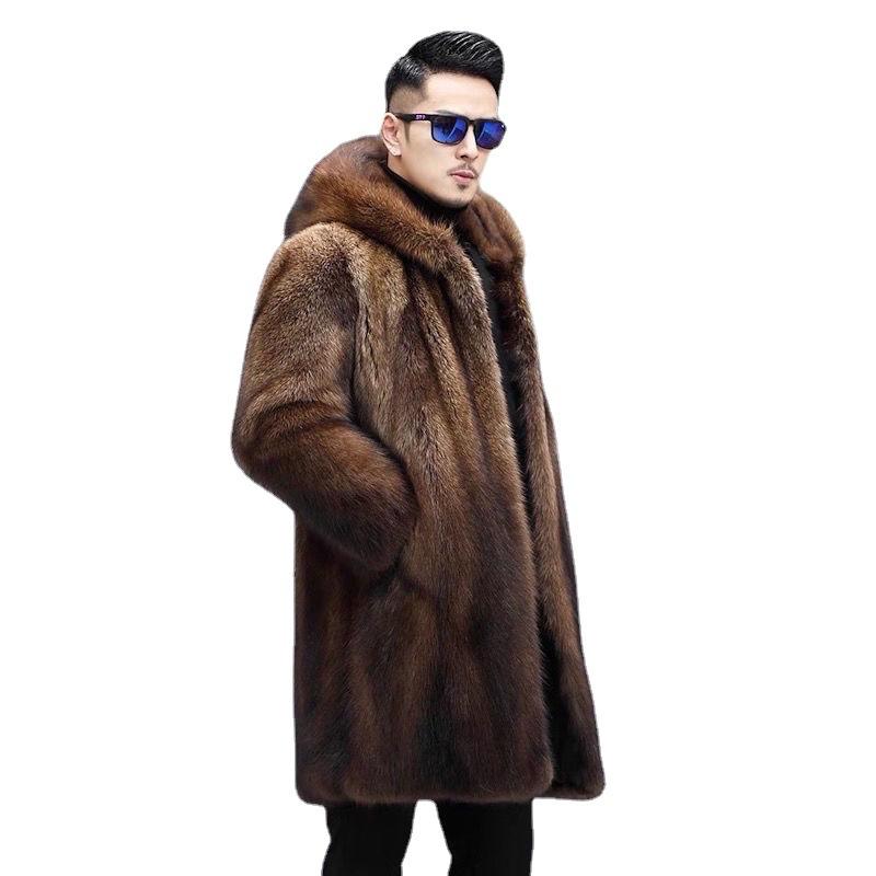 Men's Hooded Mink Coat Winter New Men's Whole Mink Long Warm Mink Fur Jacket Casual Large Size