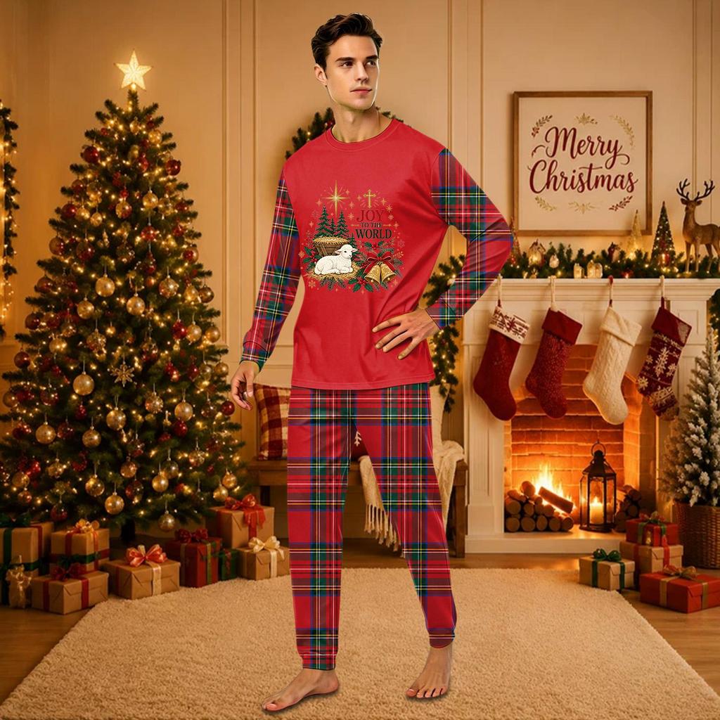 Christmas-print long-sleeve and long-pant matching family loungewear set