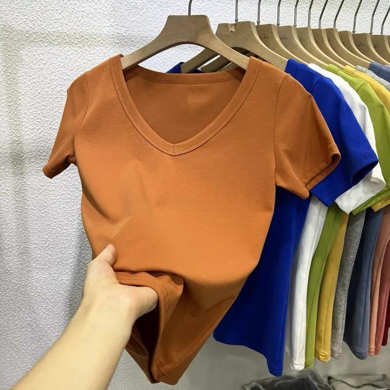 Solid Color V Neck Short Sleeve Slim Fit T-Shirt Basic Casual Top