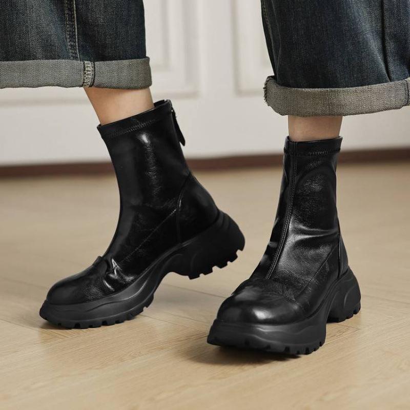 Autumn and winter women's leather boots solid color medium heel round head versatile large size women's boots genuine leather medium boots sheepskin 