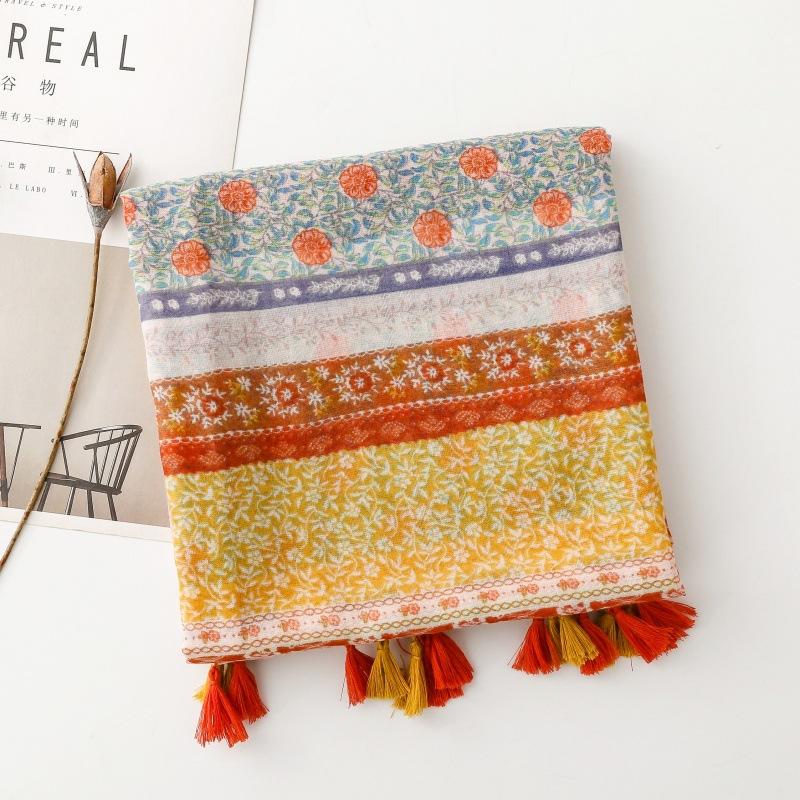 Floral Boho Scarf with Tassels - Breathable Viscose, Lightweight Beach Shawl In Red, Pink, Yellow & Green, Perfect for Spring & Summer