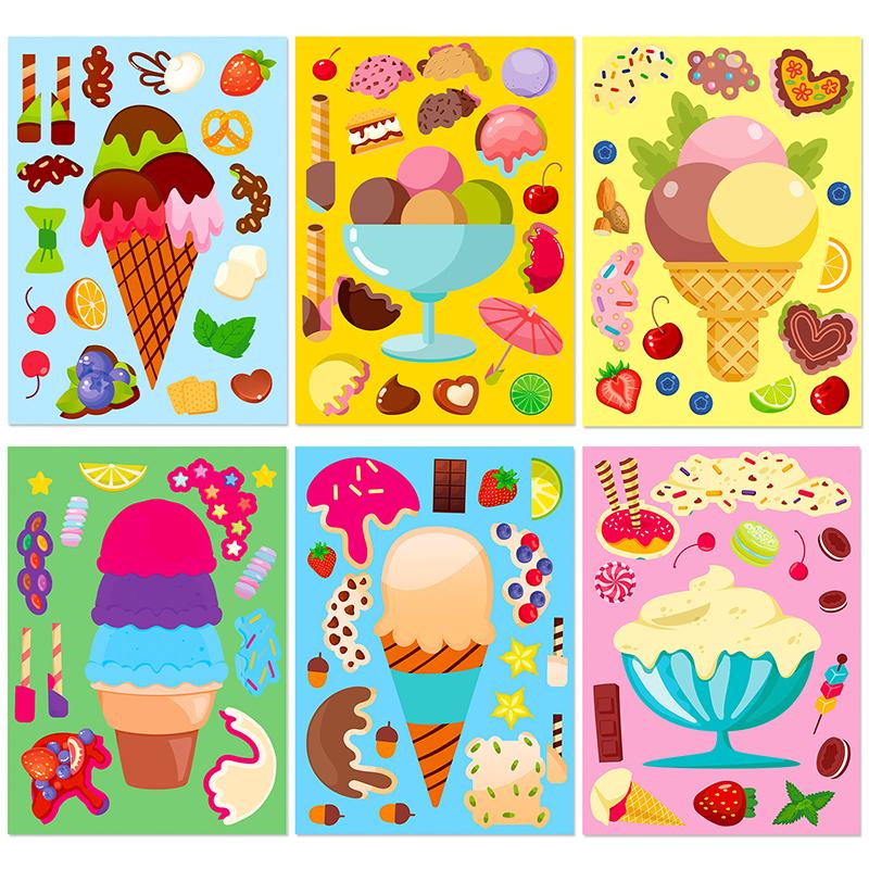 6Sheets/Lot Assorted Ice Cream Style Puzzle Stickers DIY Material Party Gift Goody Bag Filling Sticker Souvenir Game Rewards ZYF