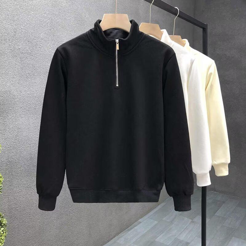 Hong Kong-Style Men's Retro Streetwear Solid Color Half-Zip Long Sleeve Hoodie