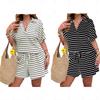 2026 Plus Size Casual Women's Striped Loose Short Sleeve Button-Up Top & Shorts Set