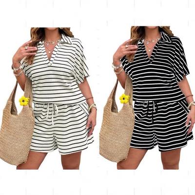 2026 Plus Size Casual Women's Striped Loose Short Sleeve Button-Up Top & Shorts Set