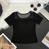 Mesh solid color V-neck T-shirt women's with chest pads, medium sleeves, summer new slim-fitting and thin inner bottoming shirt, foreign-style top