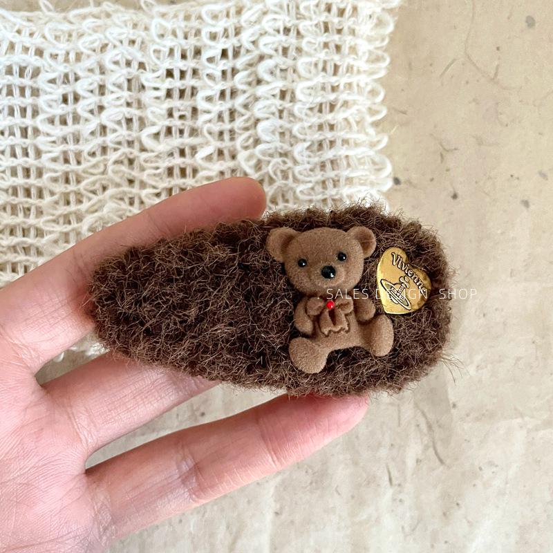 Gold Label Lambswool Teddy Bear Bow Hair Clip - Cute High-End Plush Headwear.