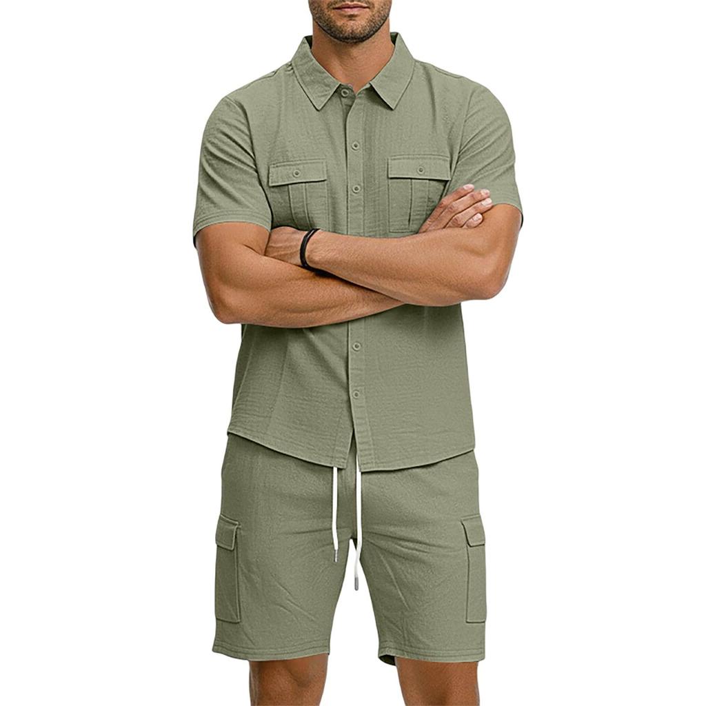 Men's Summer Linen Short Sleeve Shirt and Cargo Shorts Set Casual Lightweight Breathable Multi Pocket Two Piece Outfit