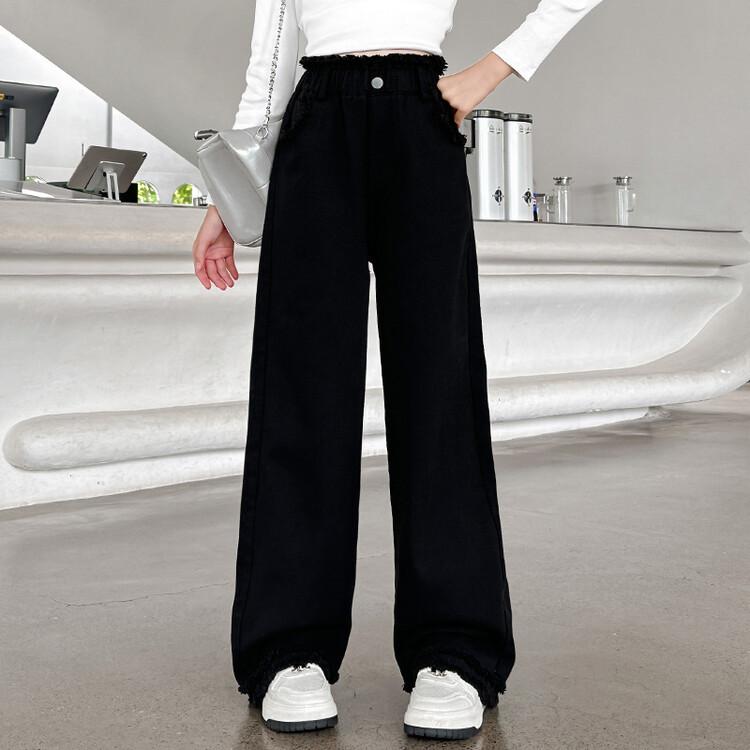 

Девичьи весенне-осенние брюки с высокой посадкой, детские повседневные широкие брюки однотонной расцветки для детей среднего возраста 150