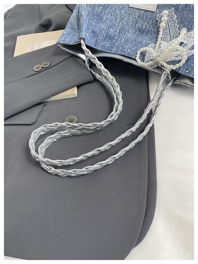 Pearl Bow Diamond Denim Tote: Stylish Summer Shoulder Bag with Large Capacity