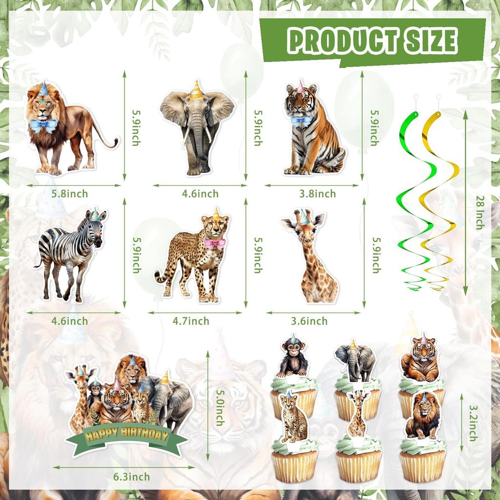 Mpanwen Safari Jungle Birthday Party Decorations, 125 Pcs Safari Zoo Animal Theme Party Supplies for Baby Boys - Backdrop, Cupcake Toppers, Palm