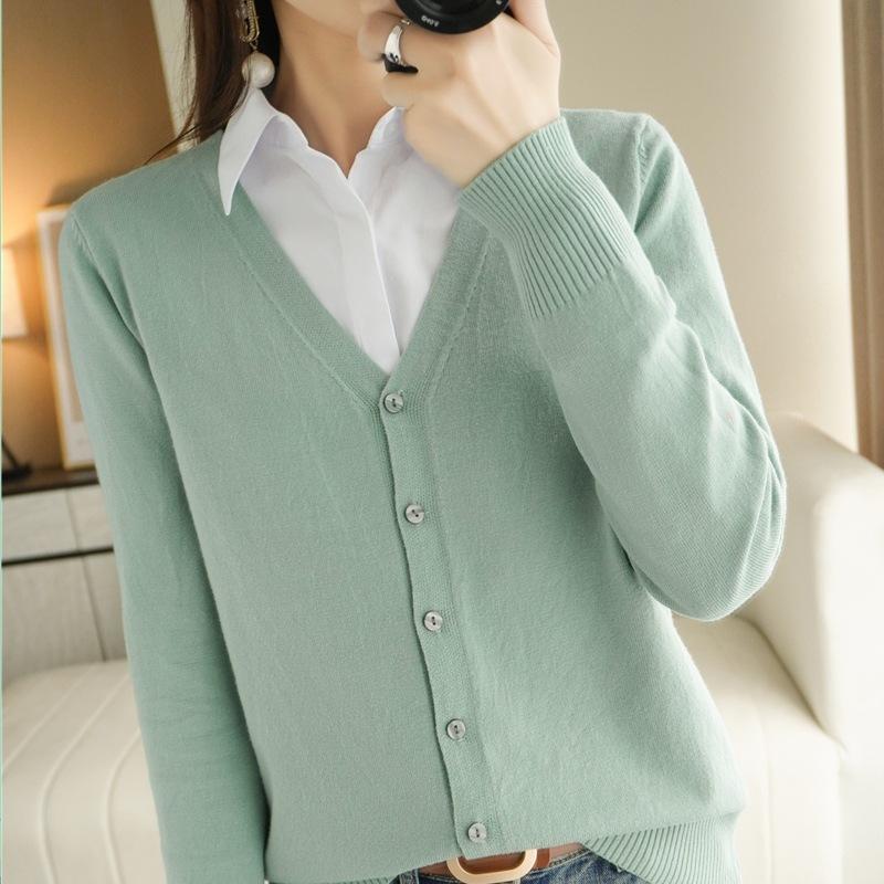 Suéteres de punto de lana de manga larga con cuello en V y estampado de colores sólidos para otoño e invierno para mujer