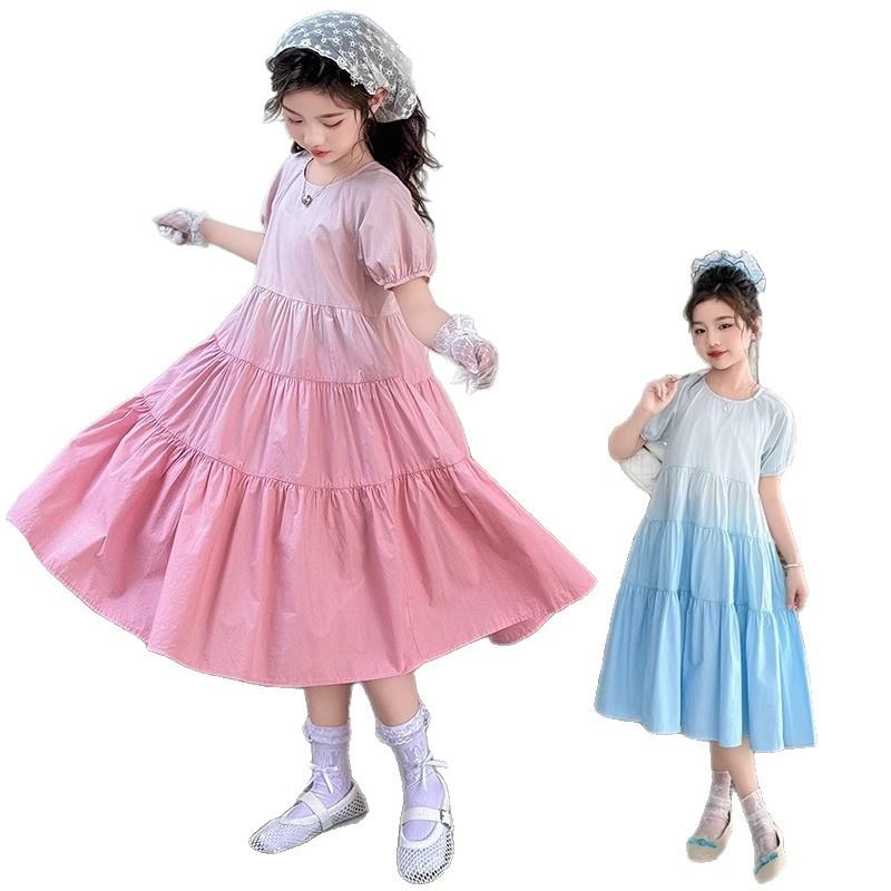 Girls Summer Ombre Tiered Dress Short Sleeve Princess Casual School Dress For Big Kids