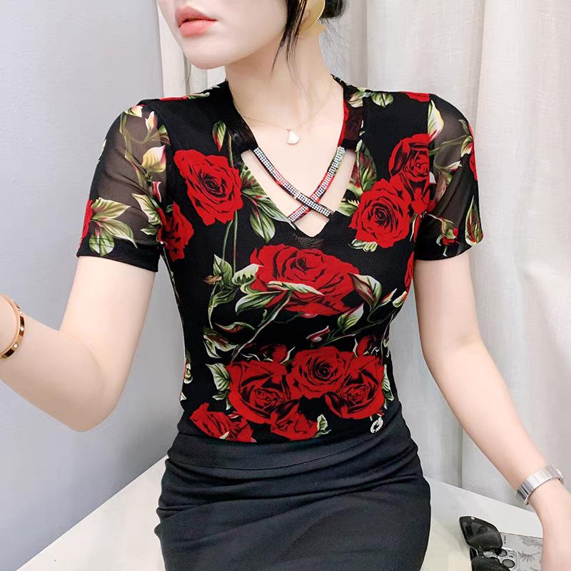 Summer New Fashion Rose Print T-shirt Chic Cross Hollow Out Hot Diamonds Tees Sexy V-neck Short Sleeve Women's Tops Blouse