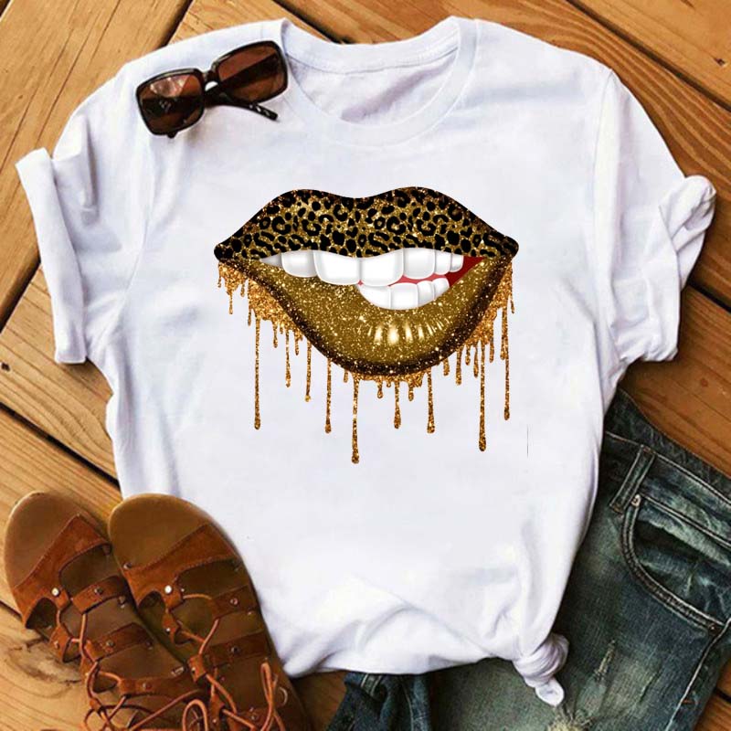 New Unisex Pink Lips Leopard Graphic T Shirt Casual Fahion Oneck Sexy Black Tees Kiss Lip Funny Girls Tshirtdrop Shipping