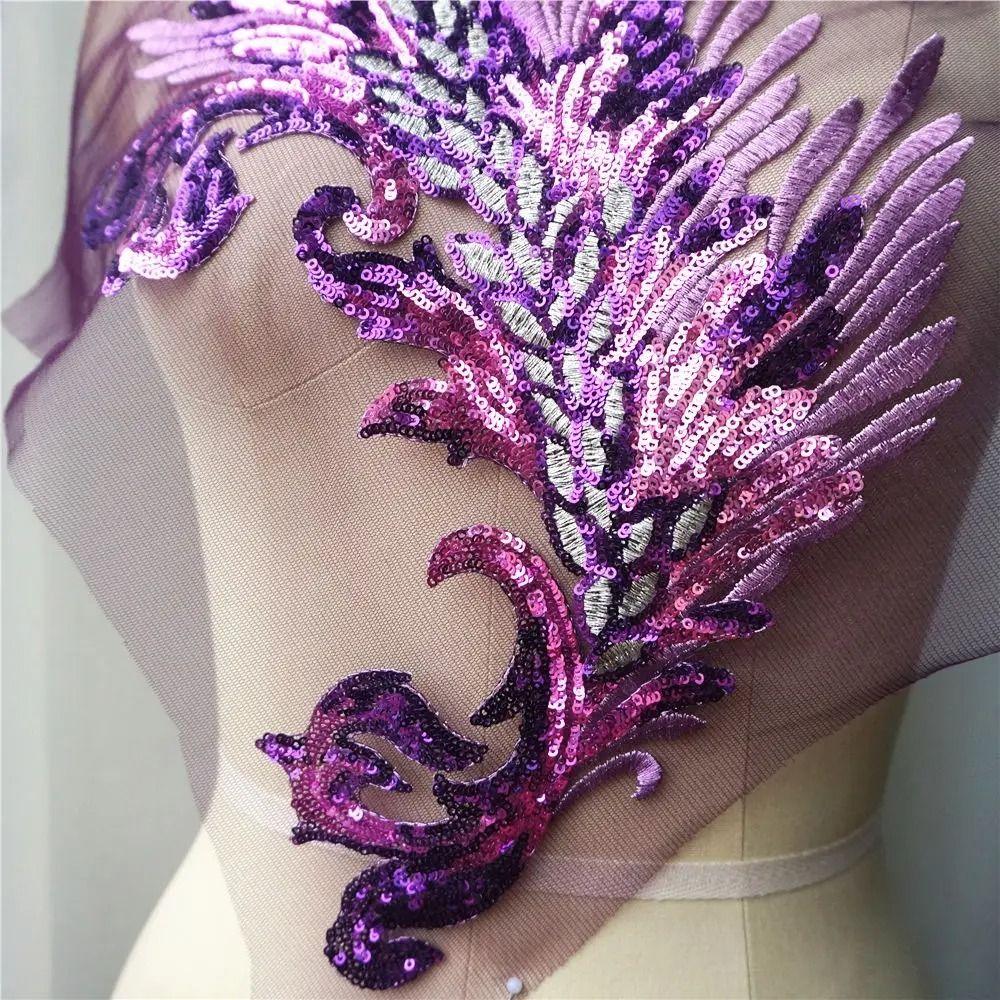Patch Sequin Embroidery Sequin Appliques Phoenix Tail DIY Feather Appliques Sew On Patch Wedding Gown DIY Decoration
