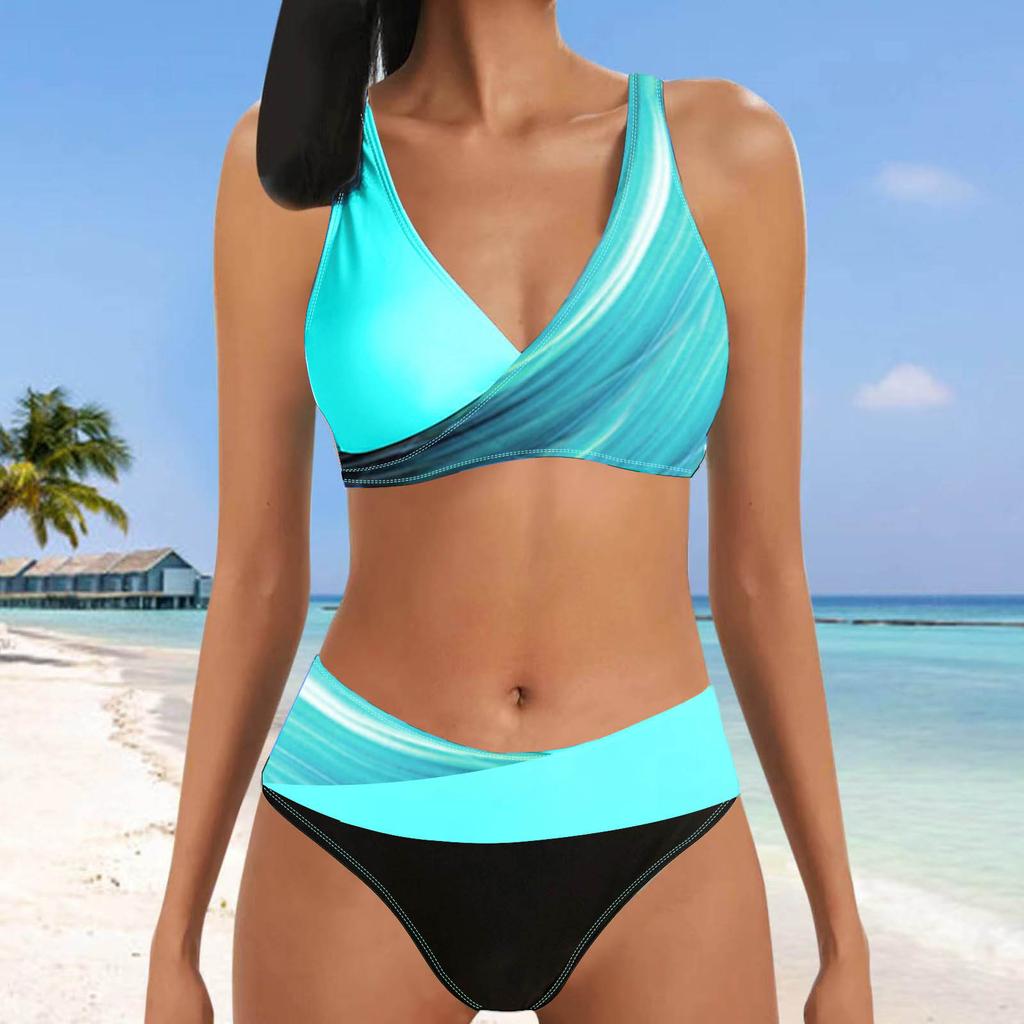 Dámské plavky s kontrolou bříška, sexy plavky s vysokým pasem, potištěné, s výstřihem do V, barevný blok, plážové bikiny, dvoudílné plavky pro dospívající dívky