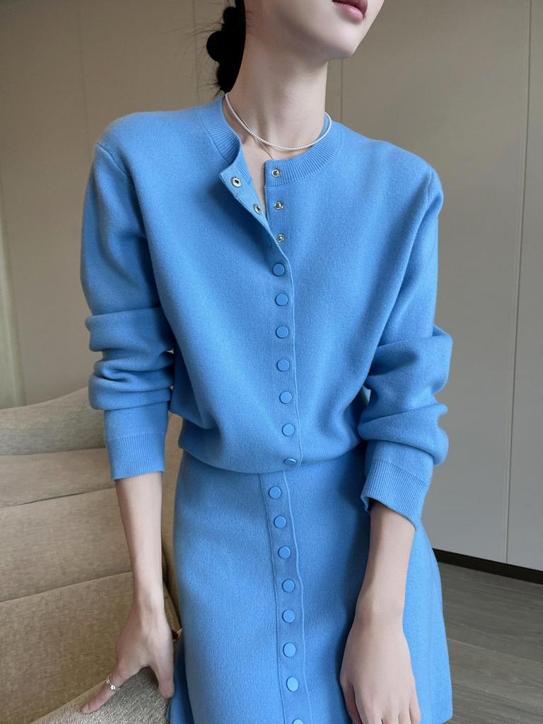 PINKEEN Blue Button-Up Knit Cardigan & Skirt Set for Women - Spring 2026, Whitened, Age-Reducing Style