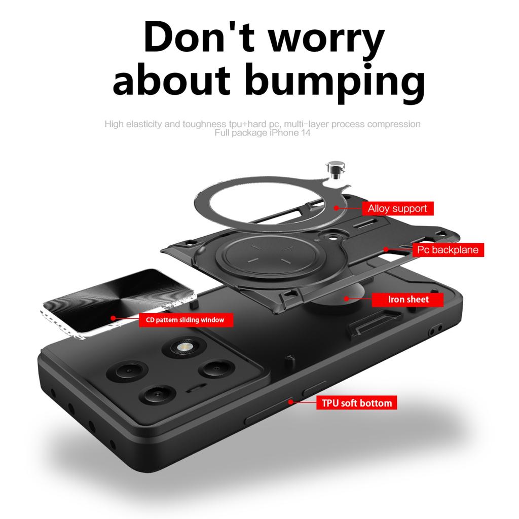 Shockproof Magnetic Case for Redmi Note 13 Pro Plus 5G 4G 13C POCO X6 Pro 5G M6 Pro4G Slide Camera Lens Ring Stand Protect Cover