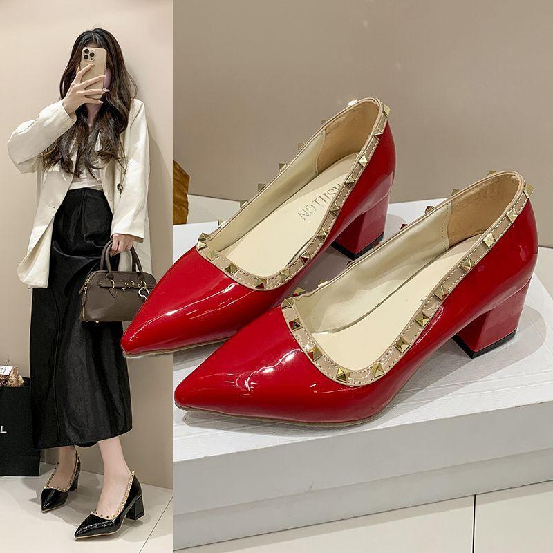 Large Size Patent Leather High Heels Women, 2026 Spring New French Pointed Thick Heels, Shallow Mouth Temperament High Heels