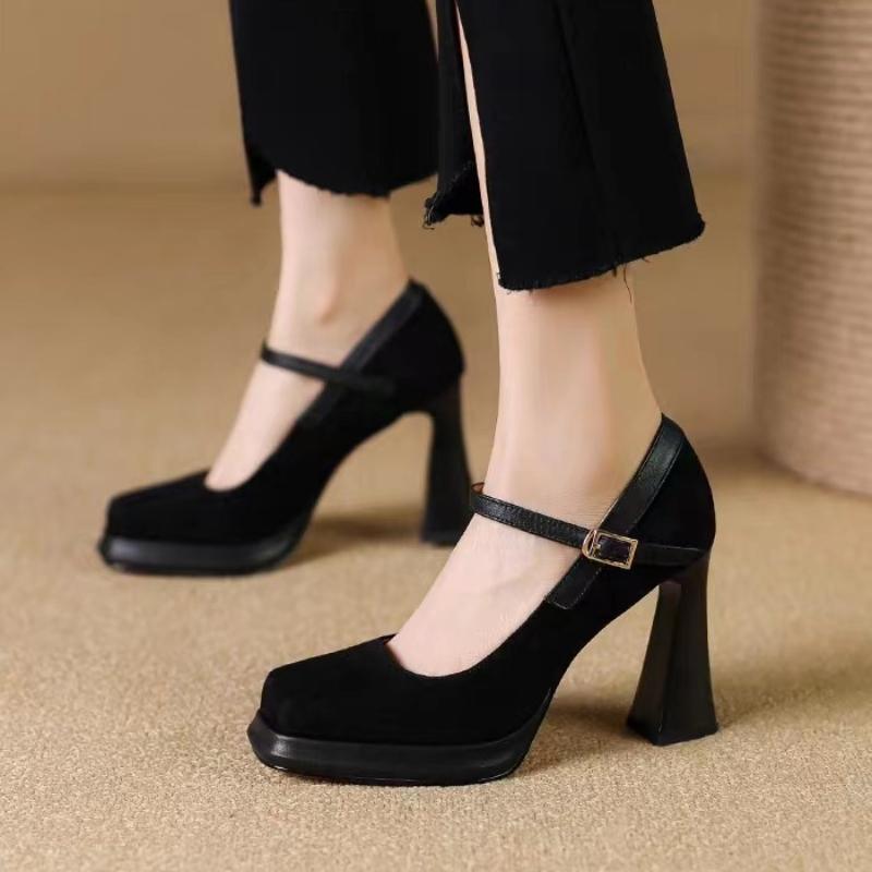 Sexy super high-heeled shoes, fashionable ankle-attached platform high-heeled shoes, women's brown suede square heel party shoes